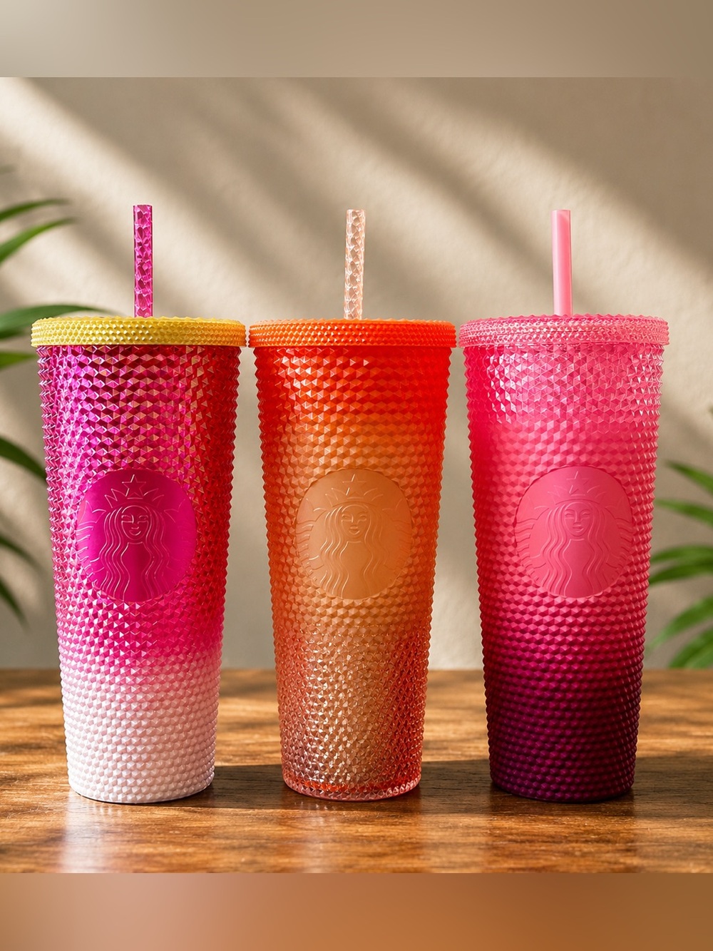 Lot of 3 Starbucks Reusable Studded Cups Lot Pink Orange Ombre Tumblers